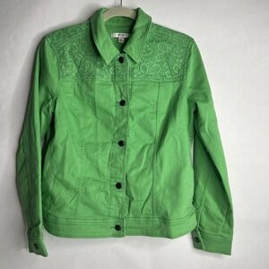 Women's Green Lace‎ Trimmed Liz Claiborne Denim Jacket Size 10 St Patrick's Day